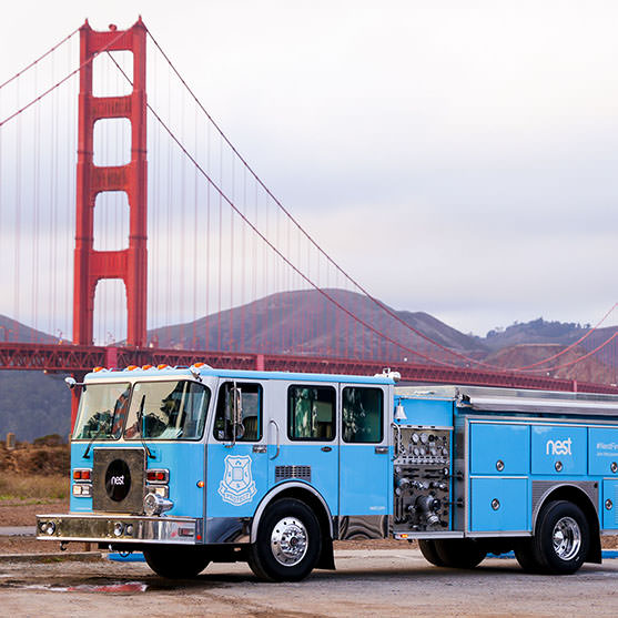 Nest Firetruck in font of the Golden Gate Bridge